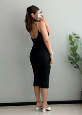 SIZE M-L, Black Ribbed Strap Bodycon Midi Dress - Closet by Payal