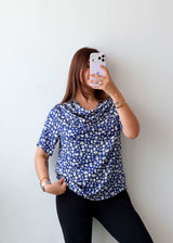 Size M Blue Printed Drape Neck Top