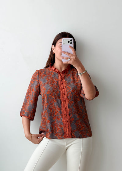S-M Rust Paisley Mandarin Collar Top
