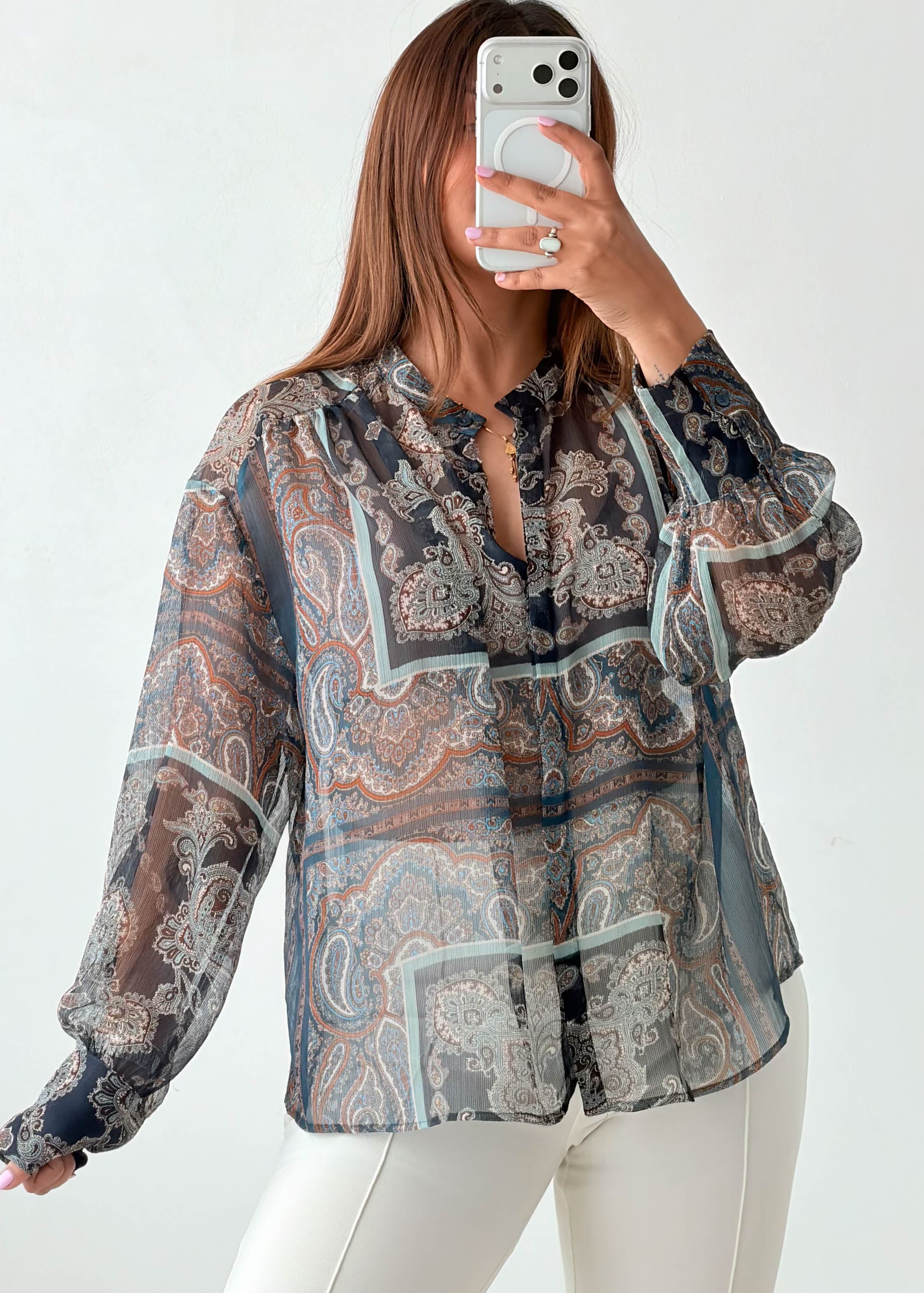 Size M-L Grey Paisley Sheer Shirt