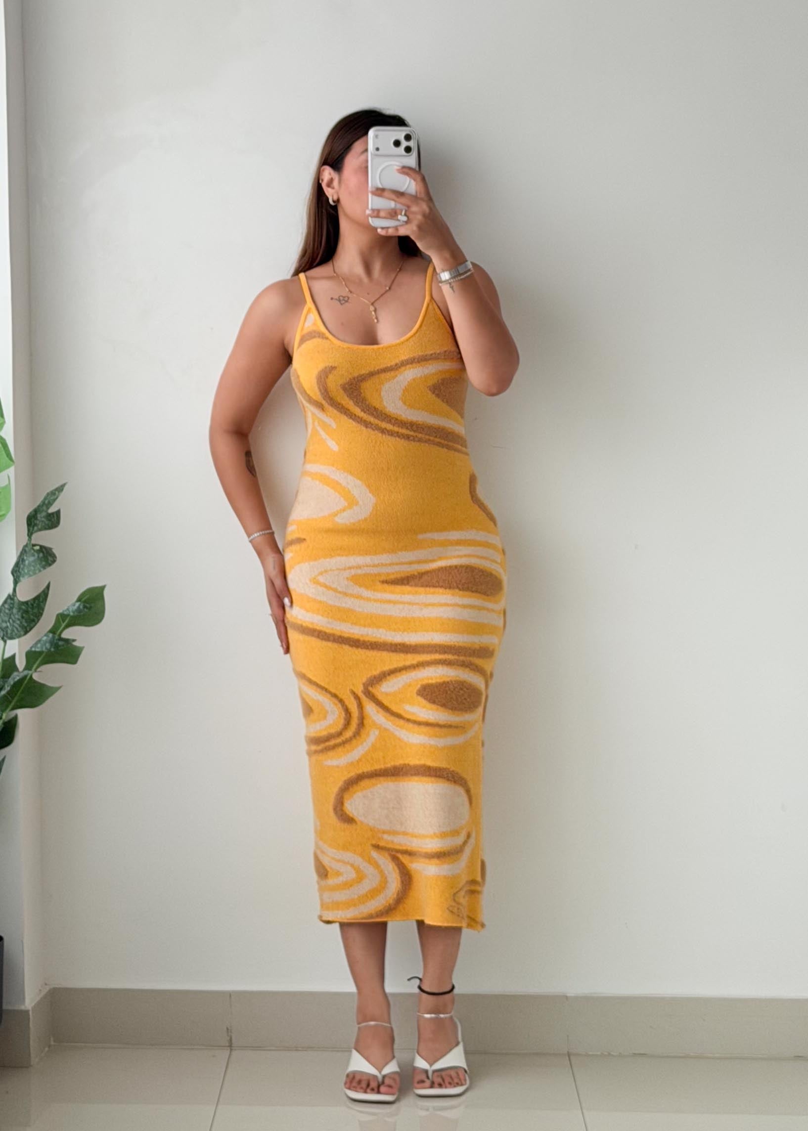 Size S-M Mustard Abstract Print Knit Midi Dress