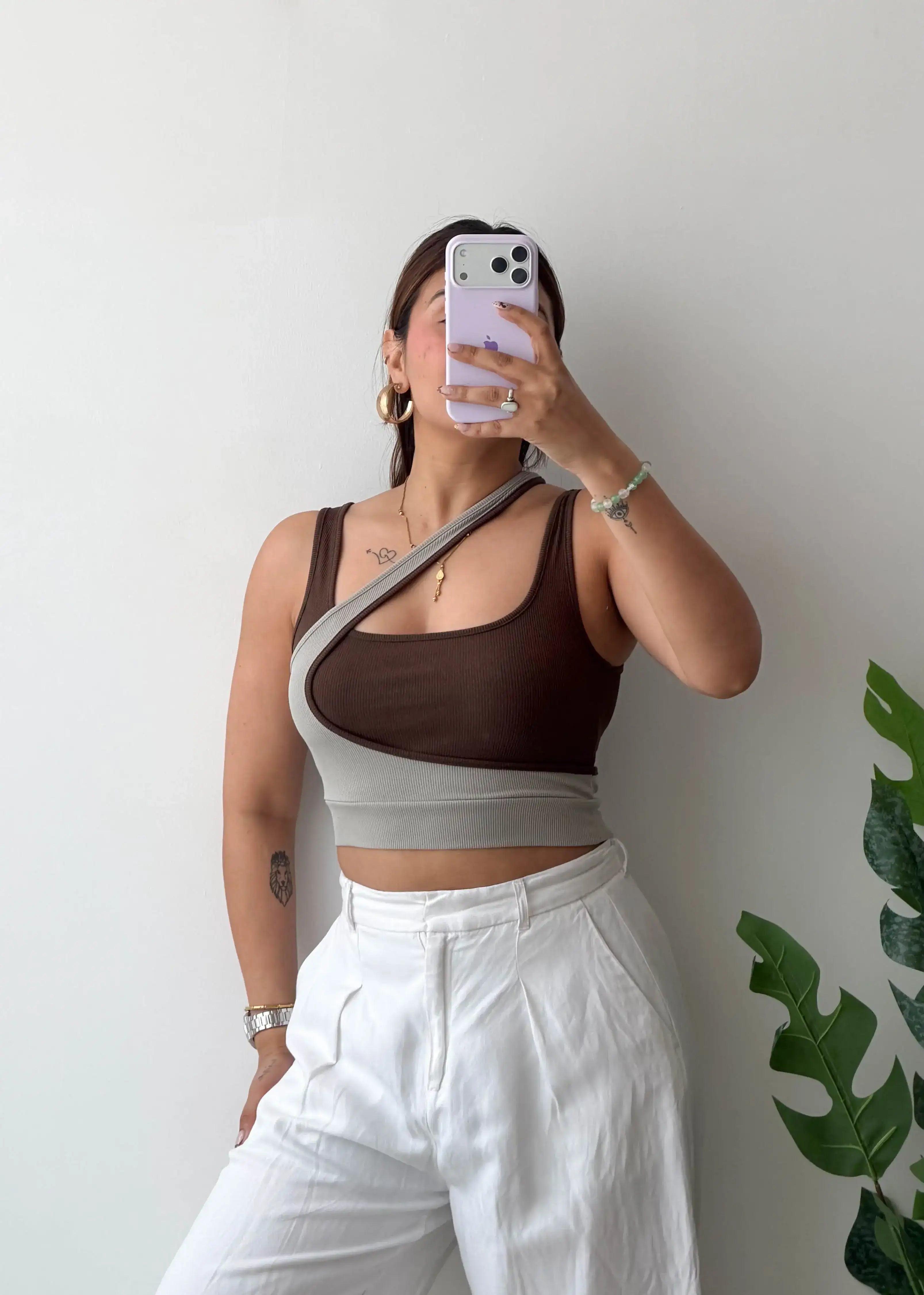 Size S-M, Brown & Grey Asymmetrical Crop Top