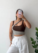 Size S-M, Brown & Grey Asymmetrical Crop Top