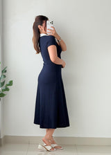 Size XS-S Navy Blue Collared Fit & Flare Midi Dress
