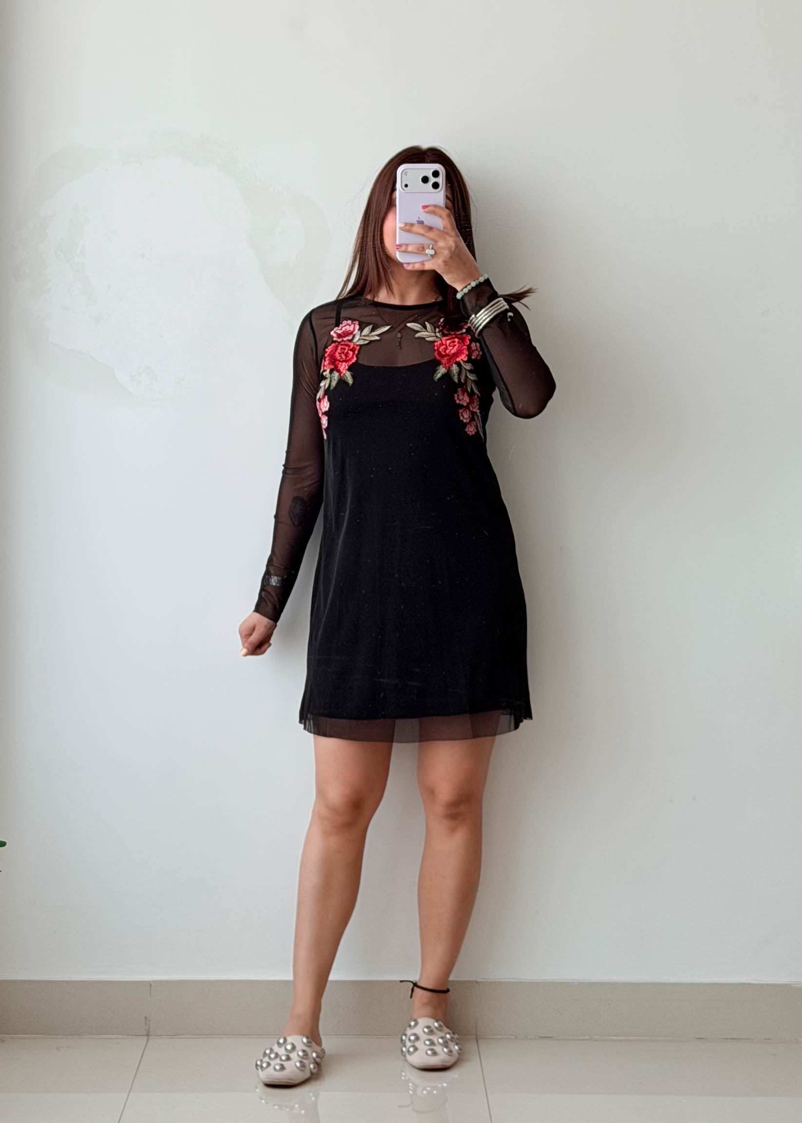 Size S-M Black Mesh Embroidered Dress With Lining