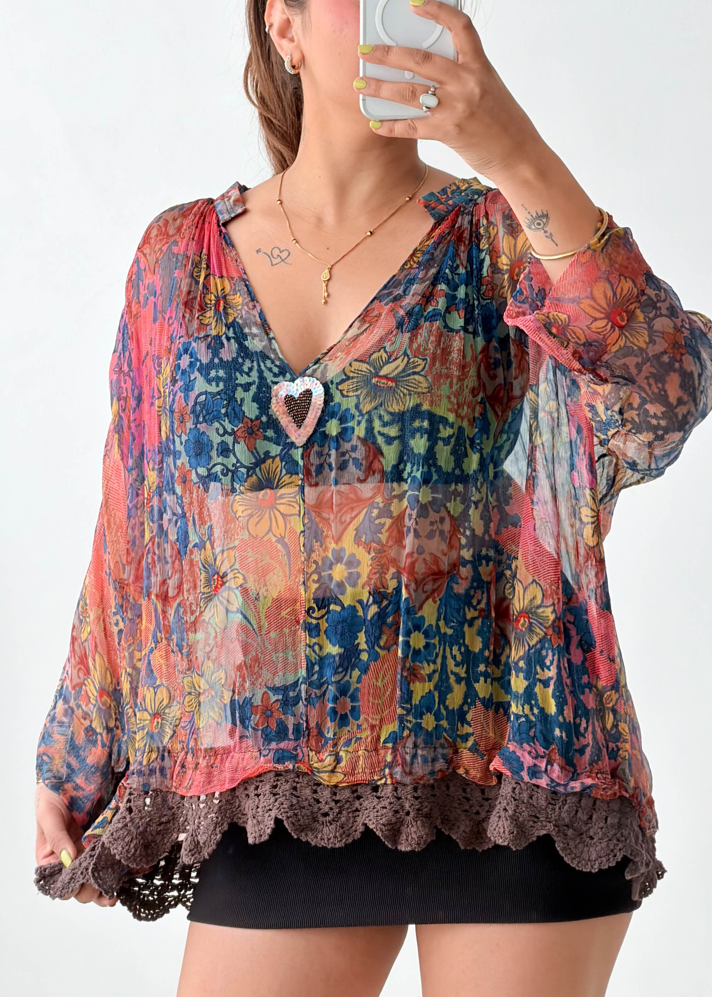 Free Size Multicolor Boho Sheer Tunic Top