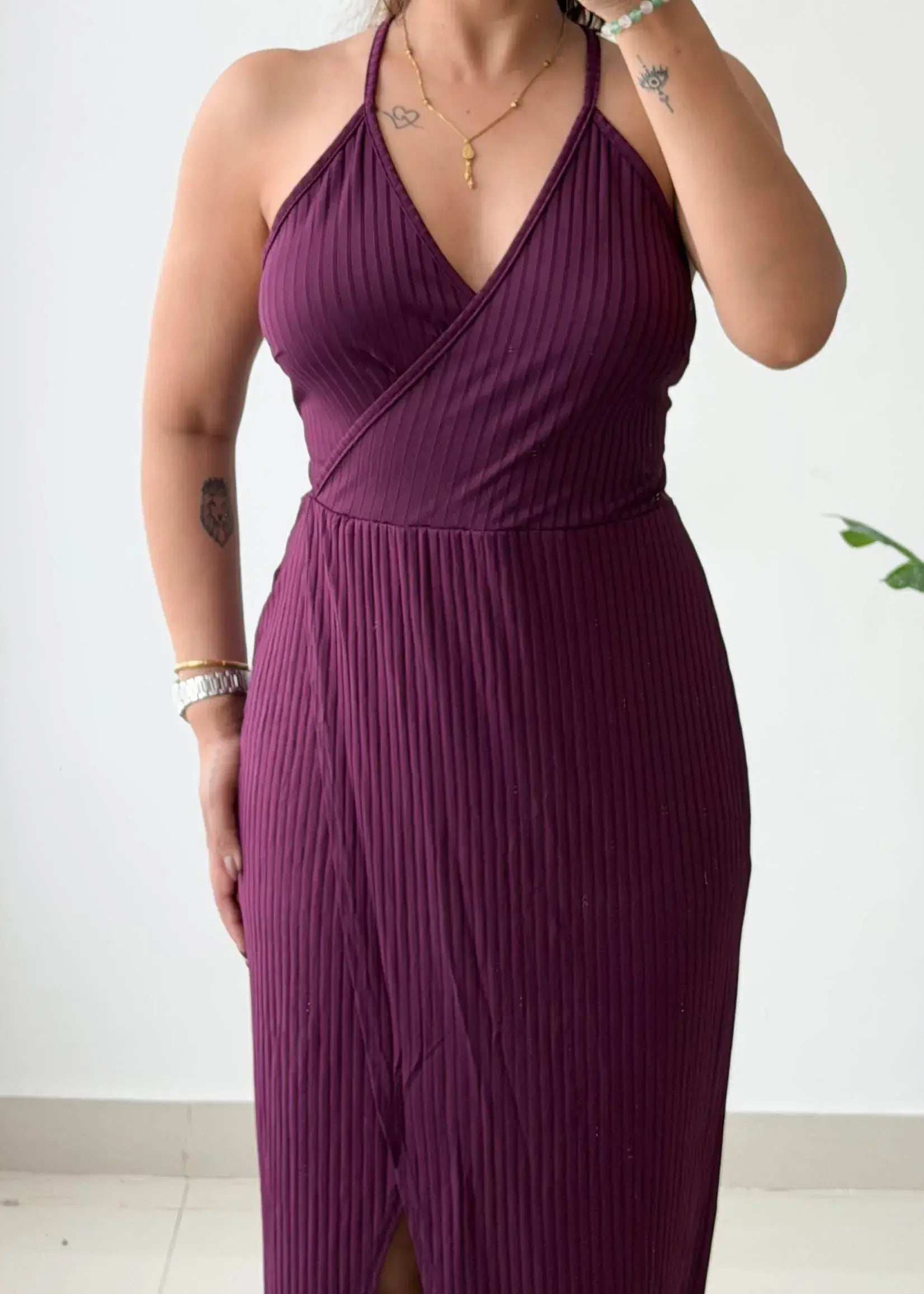 Size L-XL, Plum Halter Neck Ribbed Maxi Dress - Closet by Payal