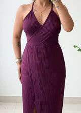 Size L-XL, Plum Halter Neck Ribbed Maxi Dress - Closet by Payal