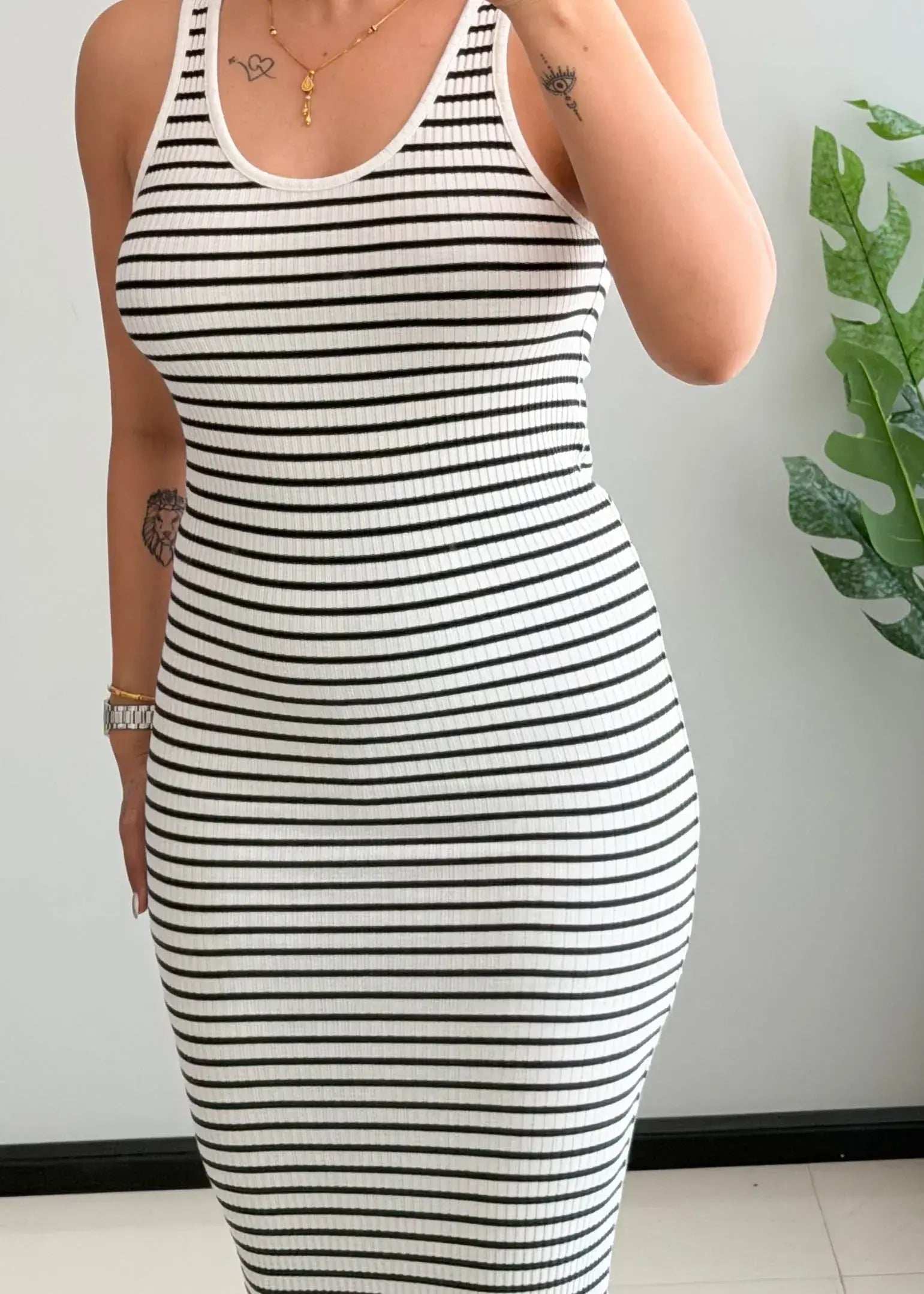 SIZE XS-S, Black & White Striped Ribbed Midi Dress - Closet by Payal