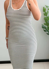 SIZE XS-S, Black & White Striped Ribbed Midi Dress - Closet by Payal