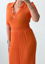 Size S-M Orange Ribbed Collared Midi Dress
