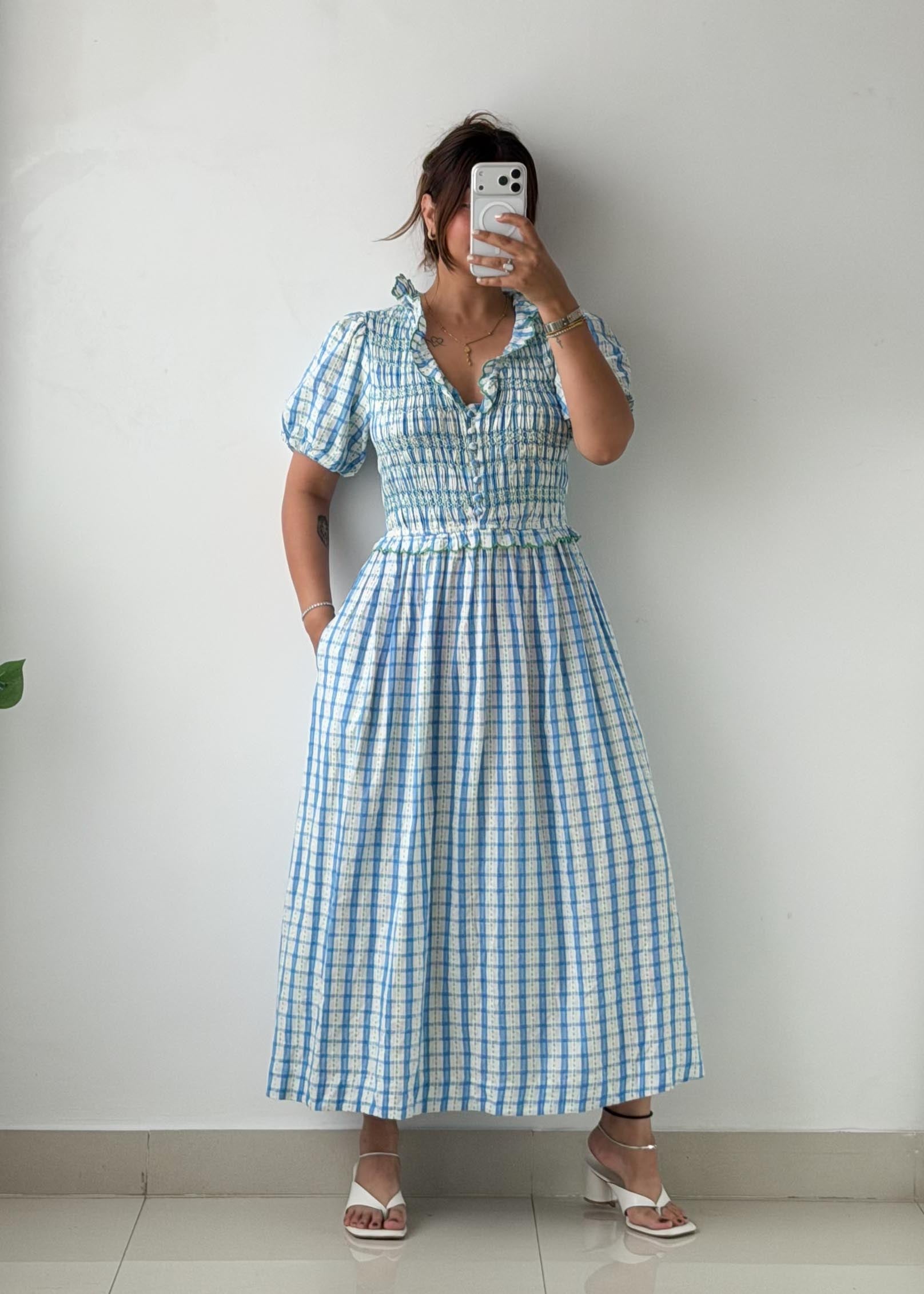 Size M-L/ XL-2XL Blue Checkered Midi Dress