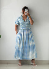 Size M-L/ XL-2XL Blue Checkered Midi Dress