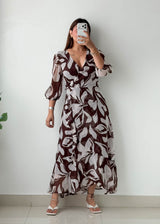Size XS-S Brown Abstract Printed Wrap Dress