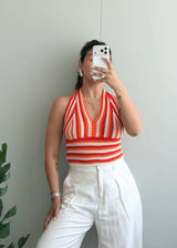 Size L-XL, Orange Striped Halter Crop Top - Closet by Payal
