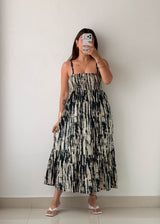 Size L-XL Black Tie-Dye Smocked Maxi Dress