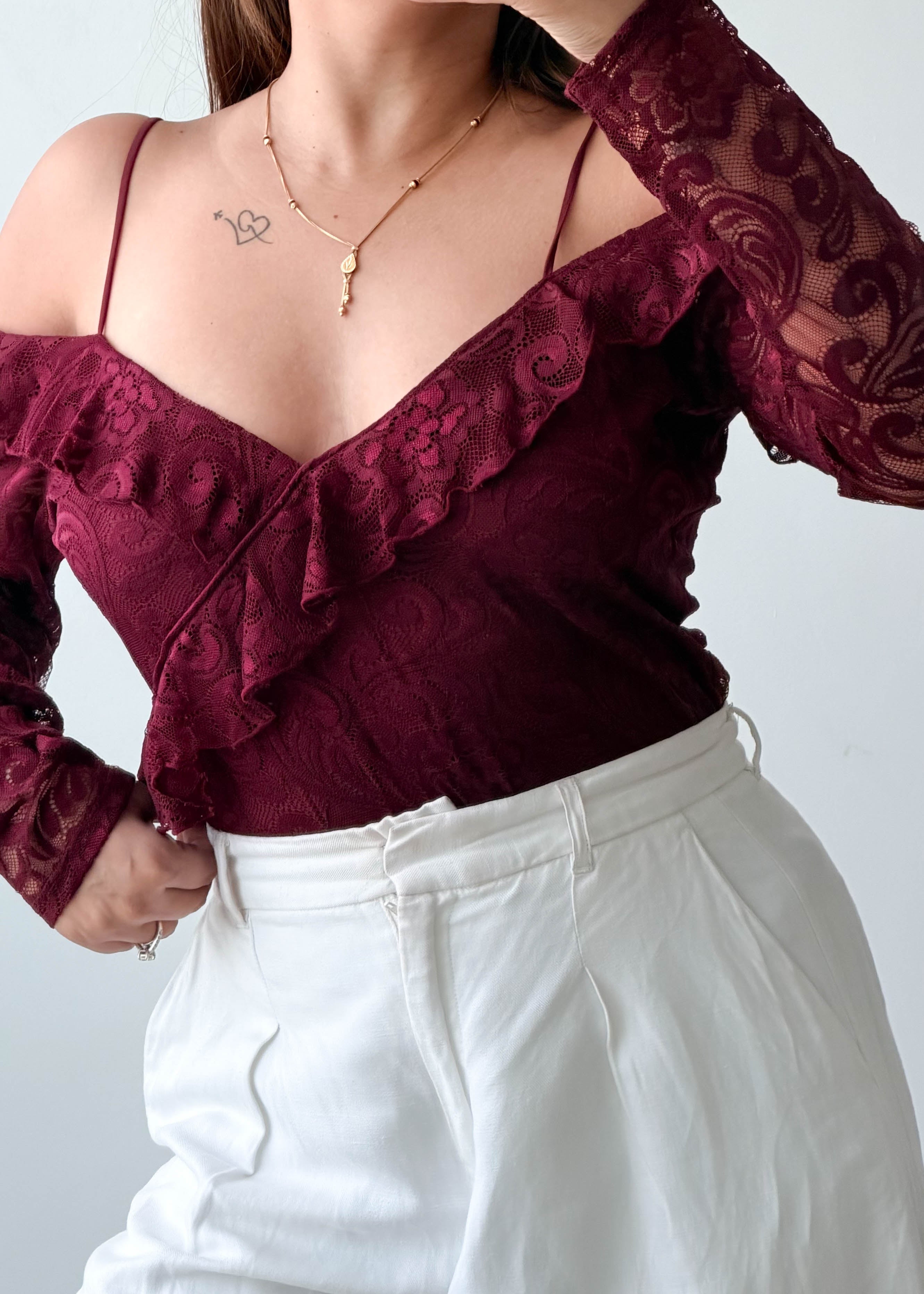 Size M-L Burgundy Lace Ruffle Bodysuit