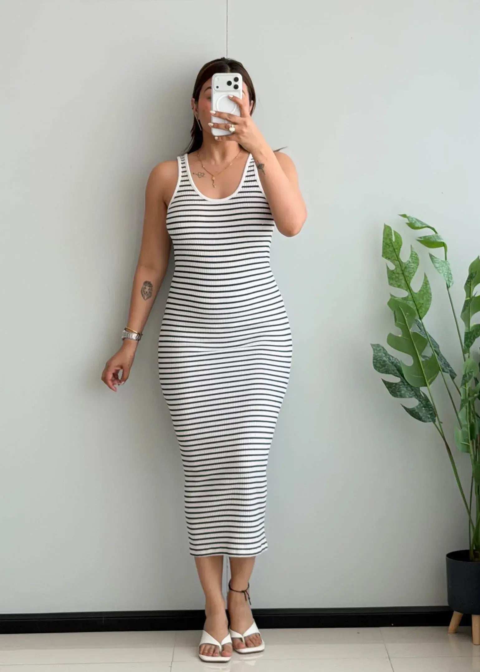 SIZE XS-S, Black & White Striped Ribbed Midi Dress - Closet by Payal