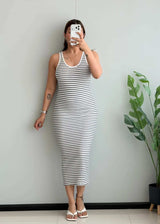SIZE XS-S, Black & White Striped Ribbed Midi Dress - Closet by Payal