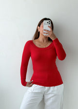 Size S-M Red Ribbed Long Sleeve Top