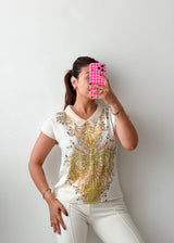 Size XS-S White Embellished Printed Polo Top