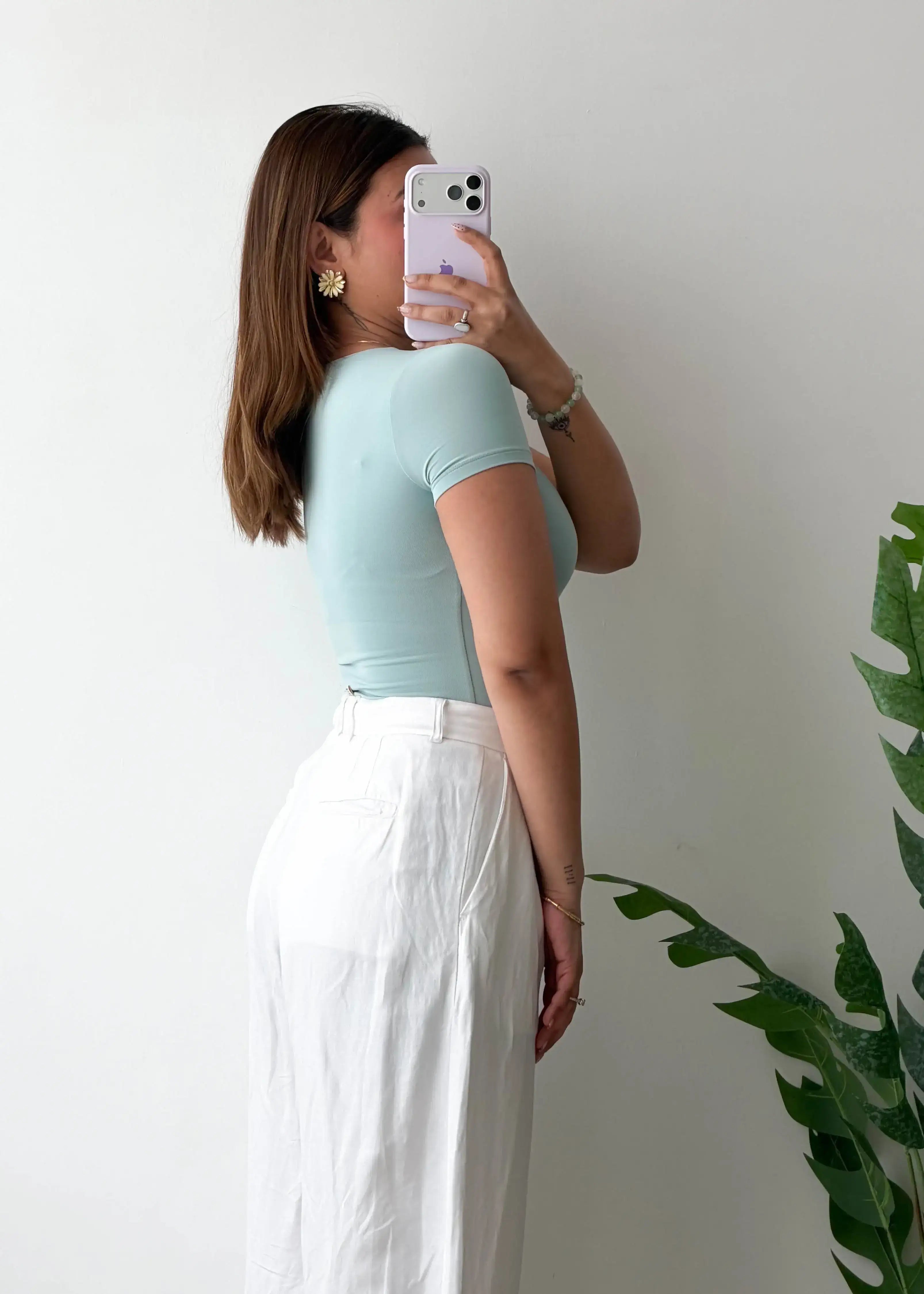 Size XS, Powder Blue Round Neck Half Sleeve Bodysuit