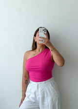 Size S-M Fuchsia One Shoulder Ruched Top