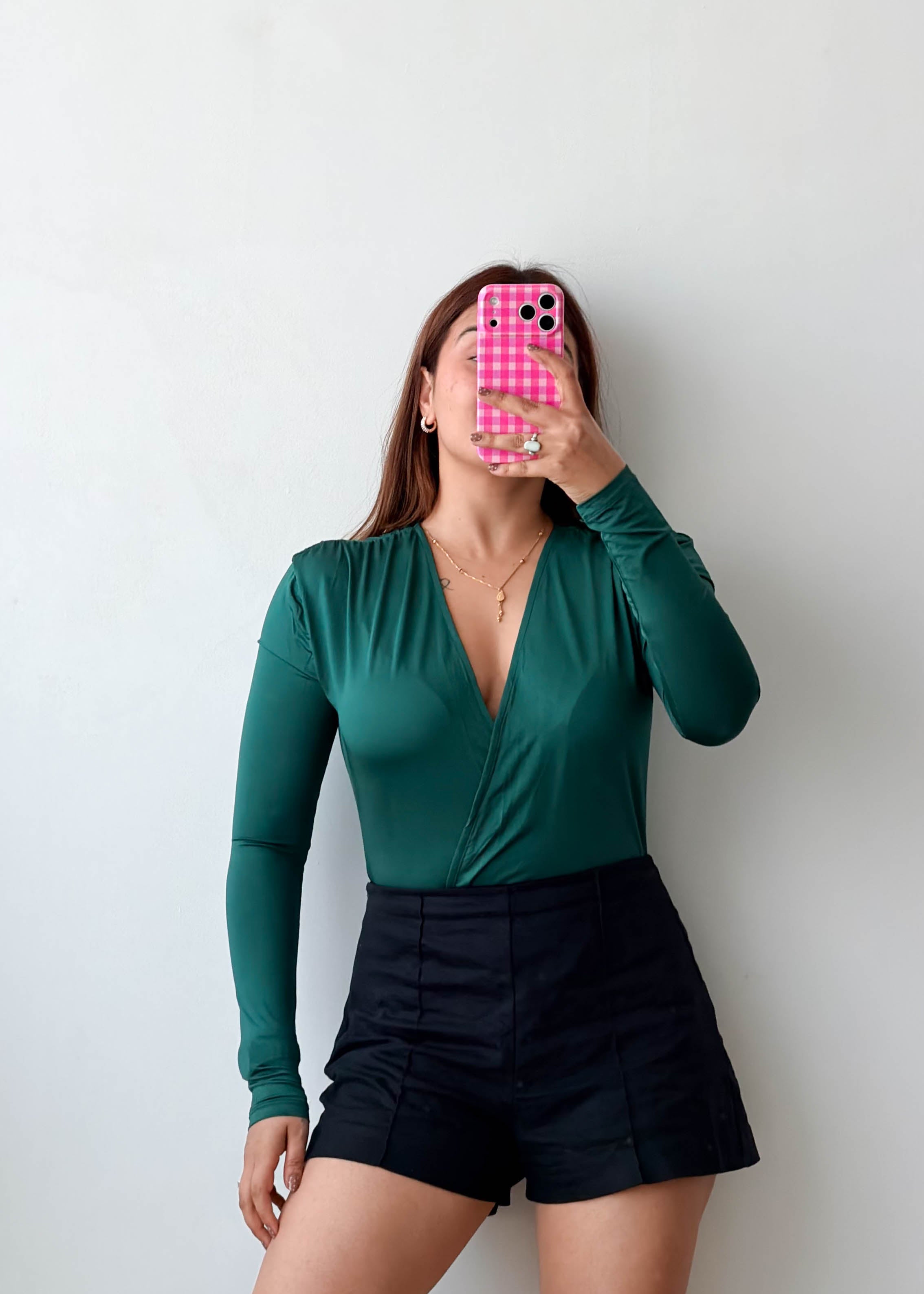 Size XS-S Emerald Green Wrap V-Neck Long Sleeve Bodysuit