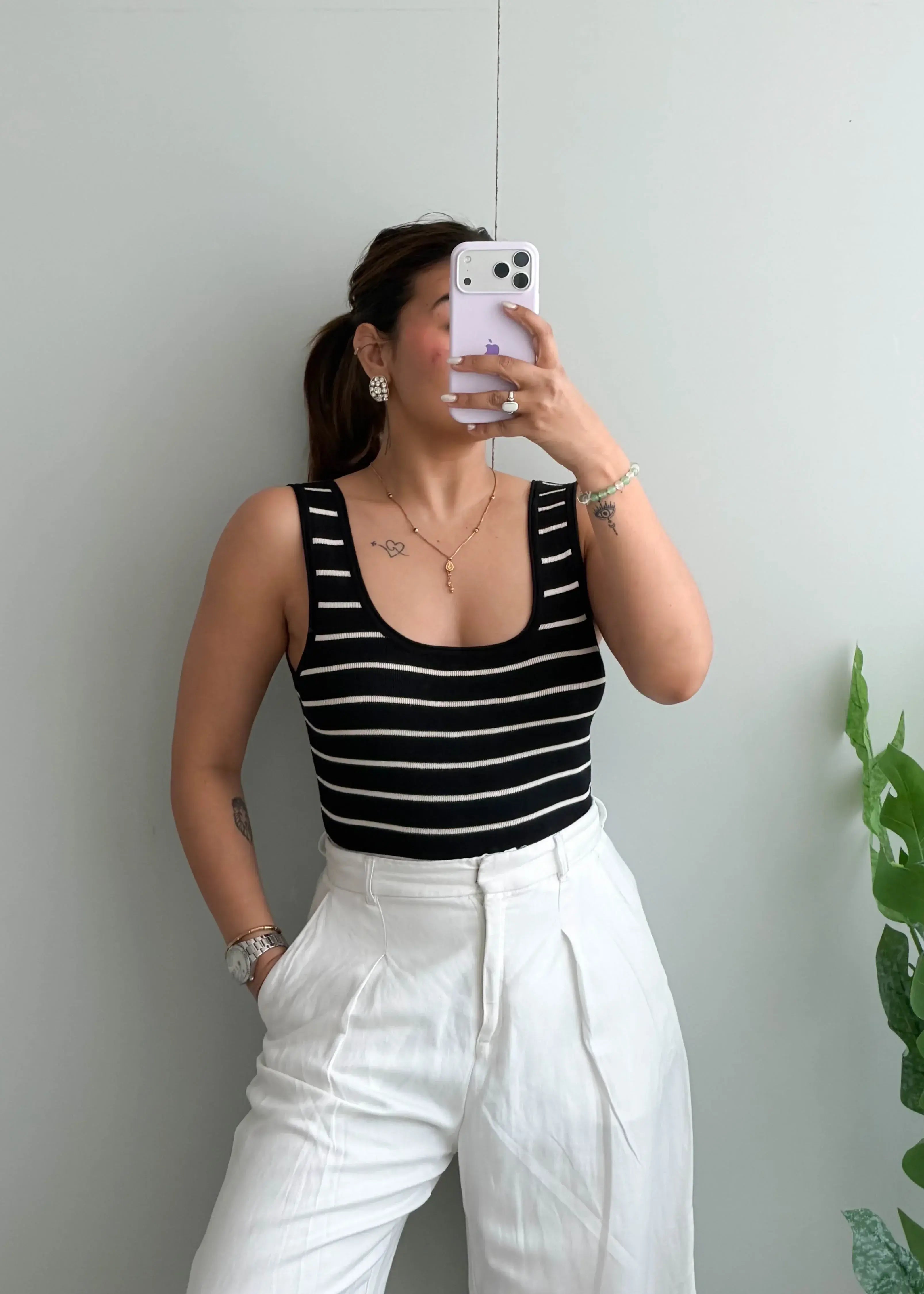 Size M-L, Black Stripe Ribbed Tank Top - Closet by Payal