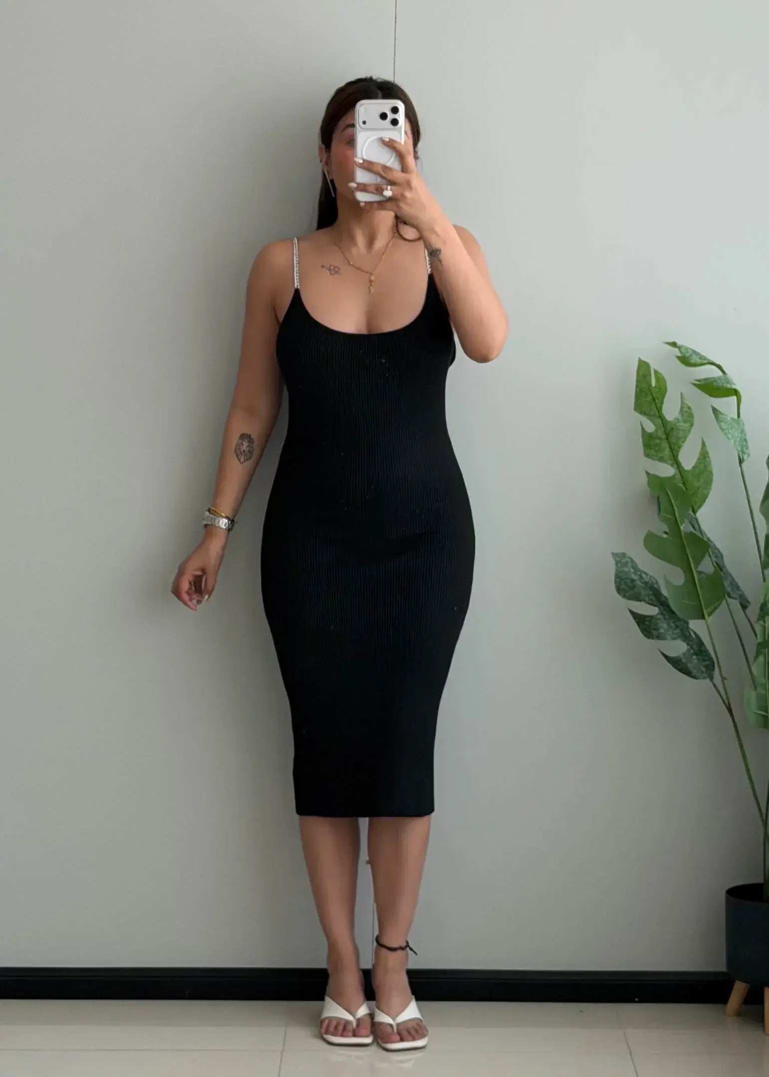 SIZE M-L, Black Ribbed Strap Bodycon Midi Dress - Closet by Payal