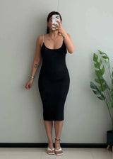SIZE M-L, Black Ribbed Strap Bodycon Midi Dress - Closet by Payal