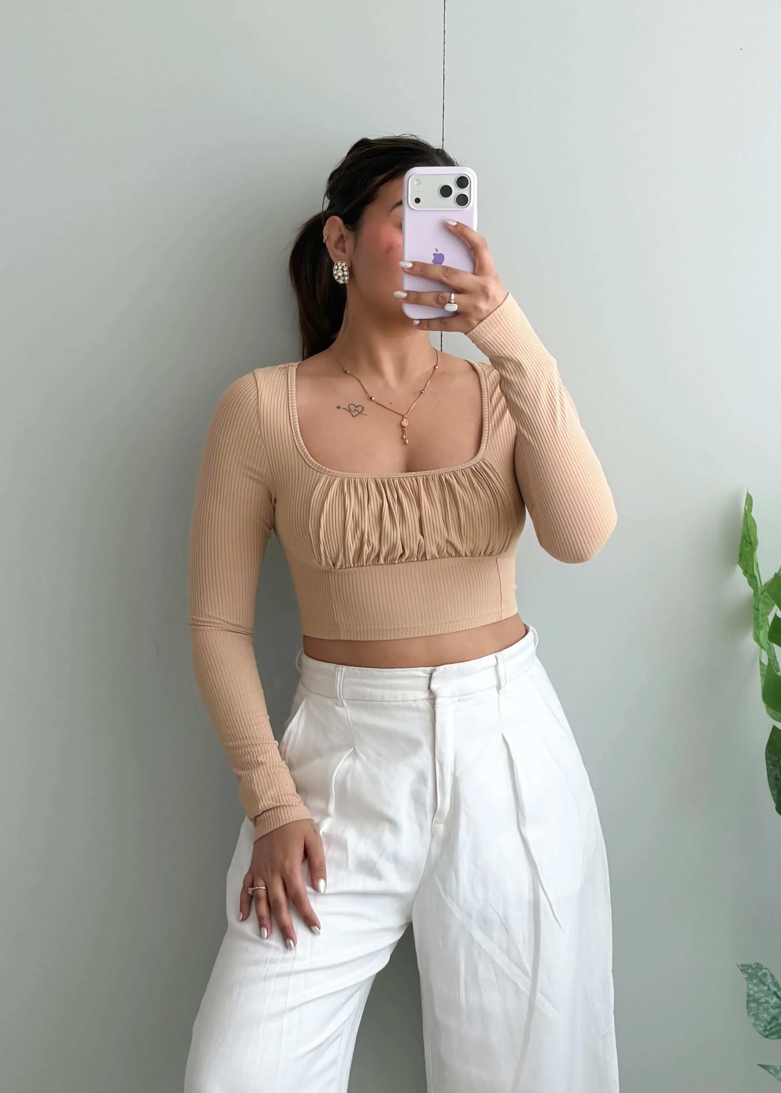 Size XS-S, Beige Ruched Long Sleeve Crop Top - Closet by Payal