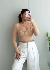 Size XS-S, Beige Ruched Long Sleeve Crop Top - Closet by Payal