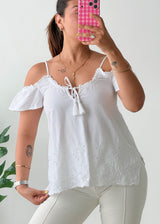 Size S-M White Off-Shoulder Embroidered Tassel Top