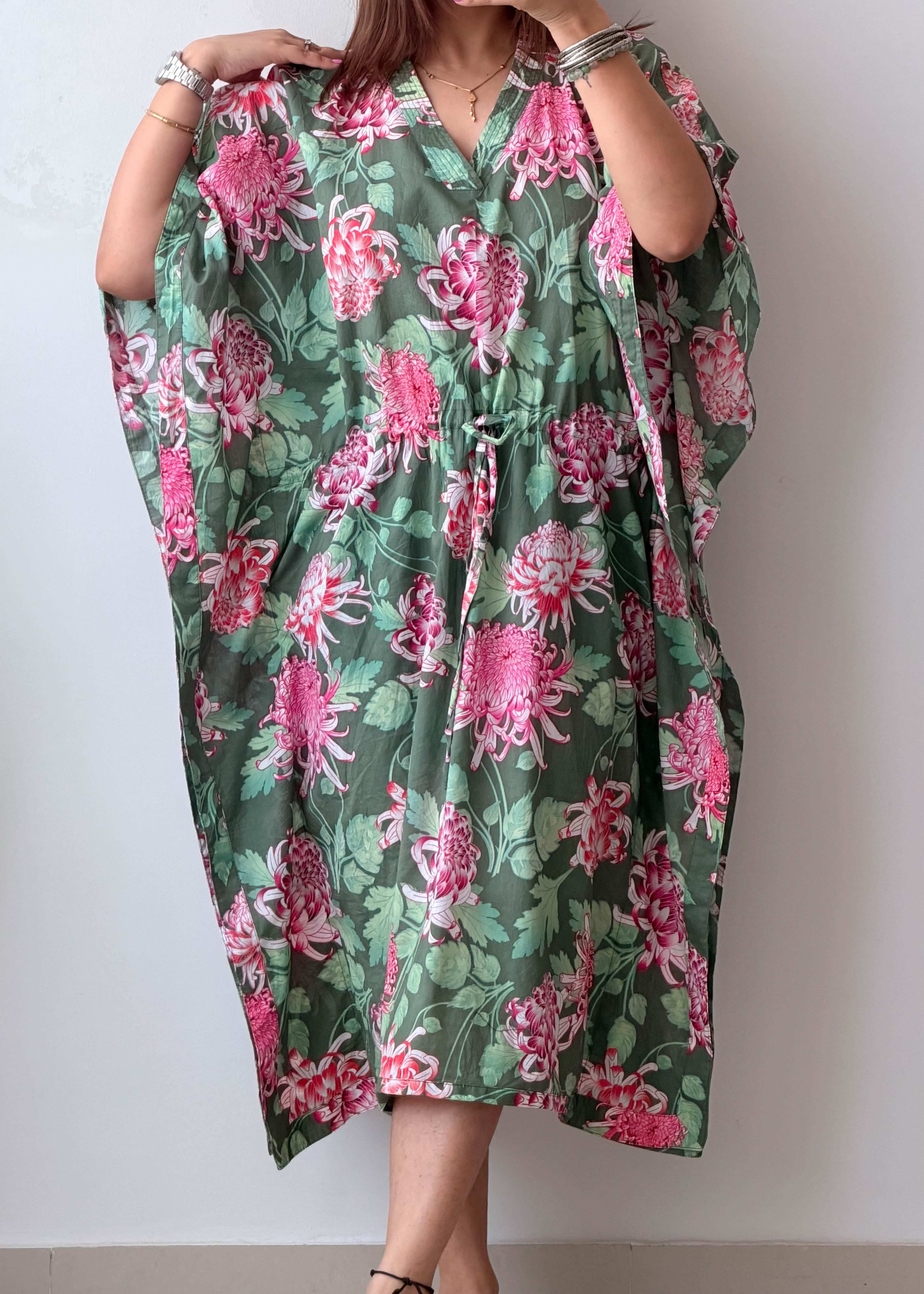 Size XL-3XL Green Floral Cotton Kaftan Dress
