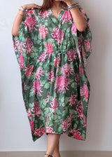 Size XL-3XL Green Floral Cotton Kaftan Dress