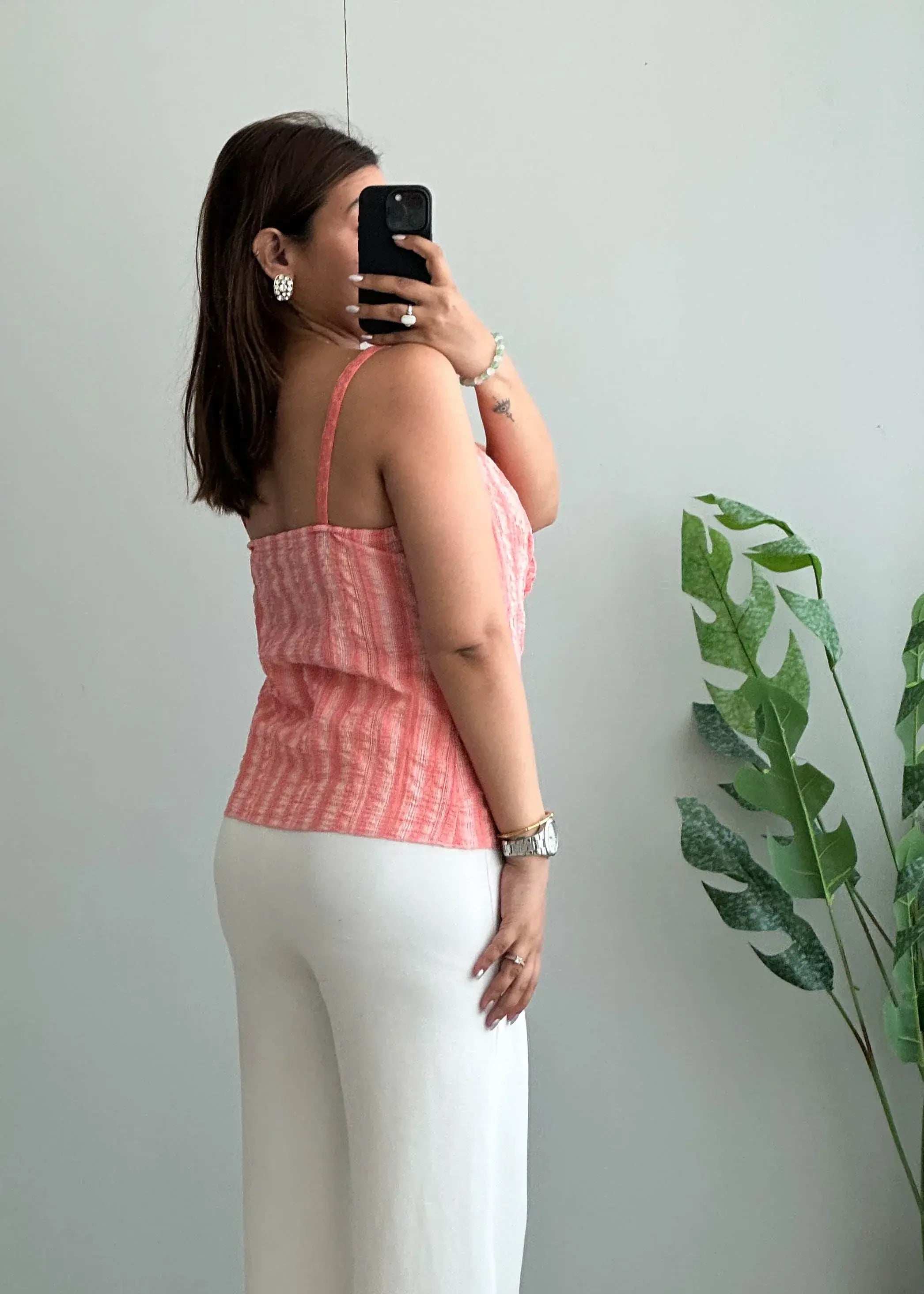 Size M, Peach Textured V Neck Summer Cami Top - Closet by Payal