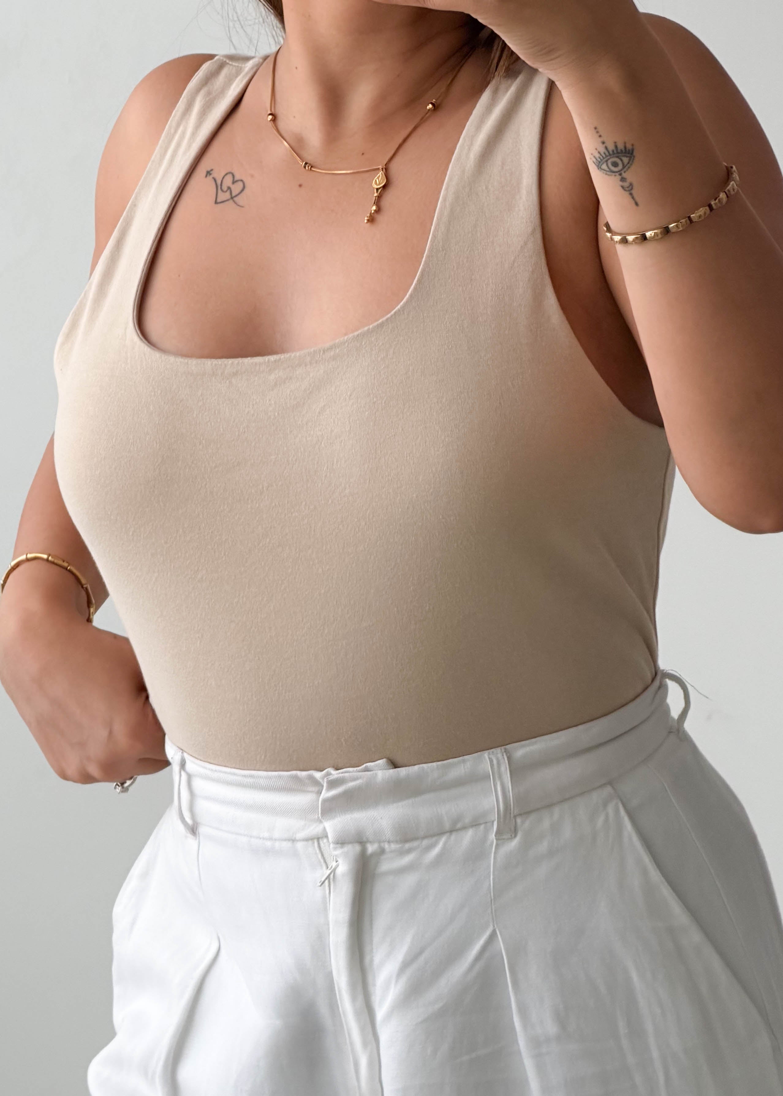 Size L-XL Beige Square Neck Bodysuit