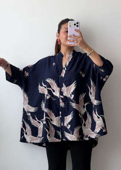 Free Size Navy Crane Print Soft Chiffon Oversized Shirt