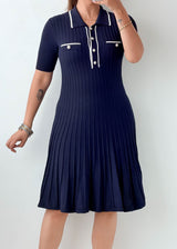 Size XS-S Navy Contrast Trim Pleated Knit Midi Dress