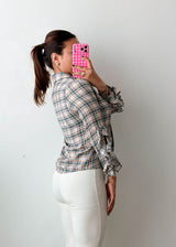 Size XS Blue Grey Check Ruffle Sleeve Shirt Top