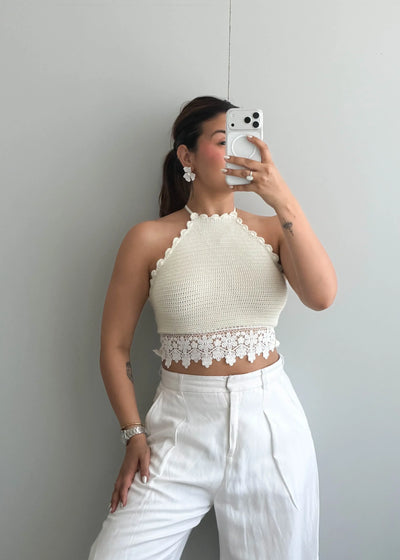 Size S-M, Cream Lace Trim Halter Crop Top - Closet by Payal
