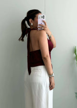 Size M-L, Burgundy Lace-Up Halter Ribbed Top - Closet by Payal