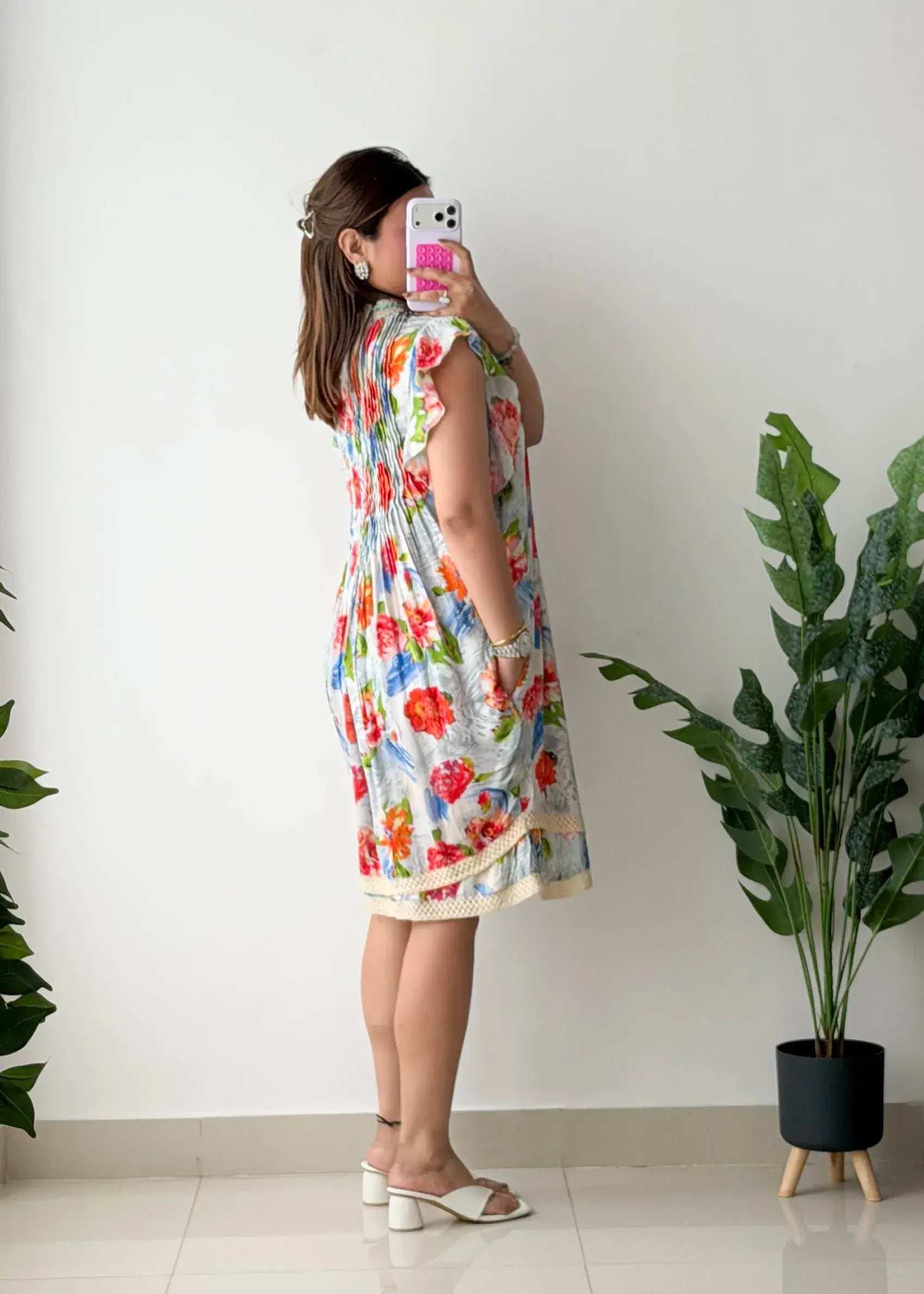 Size M-L, Floral Smocked Mini Dress