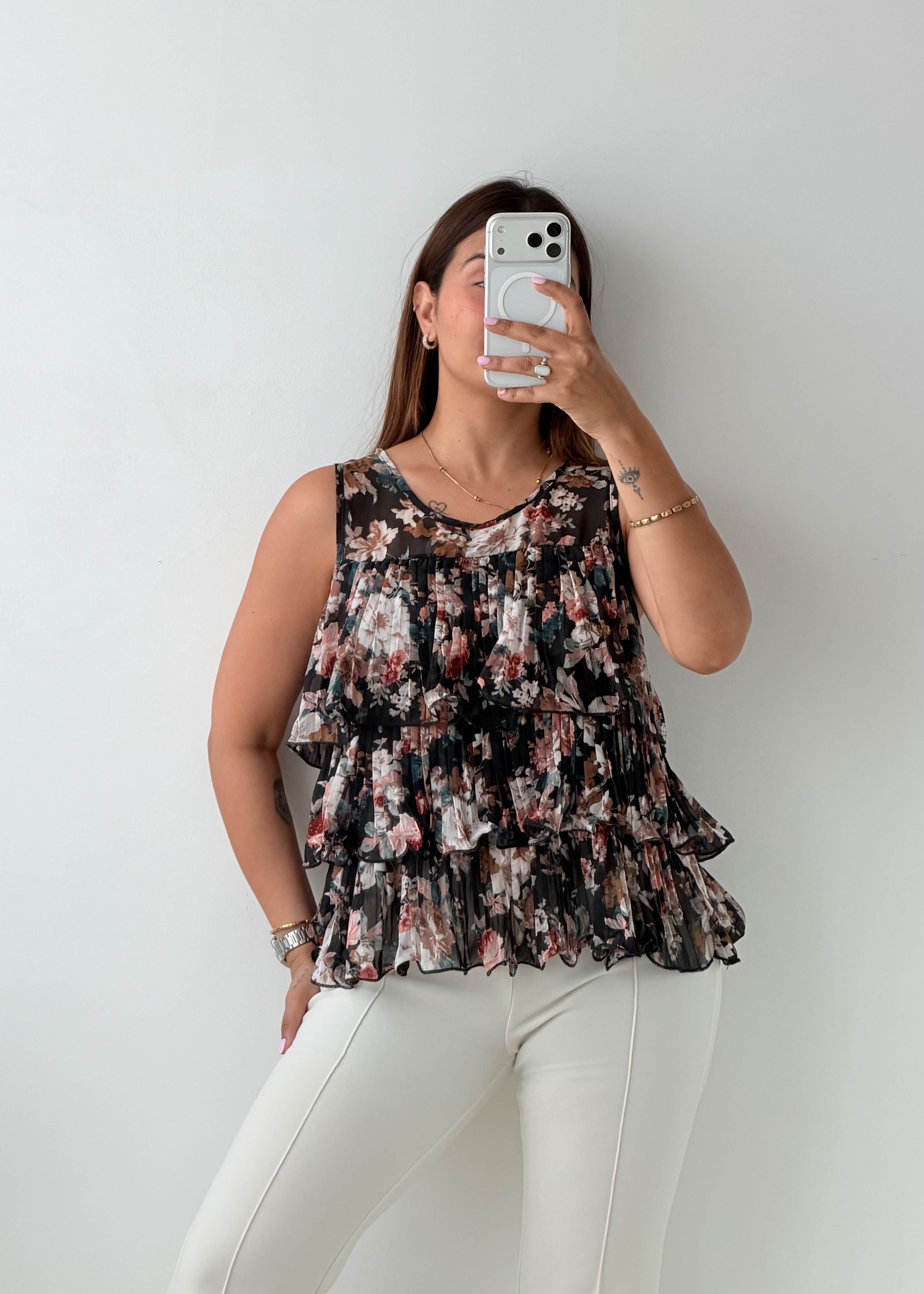 Size S-M Black Floral Tiered Chiffon Top