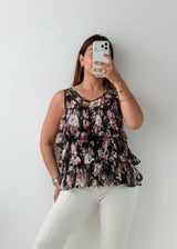 Size S-M Black Floral Tiered Chiffon Top