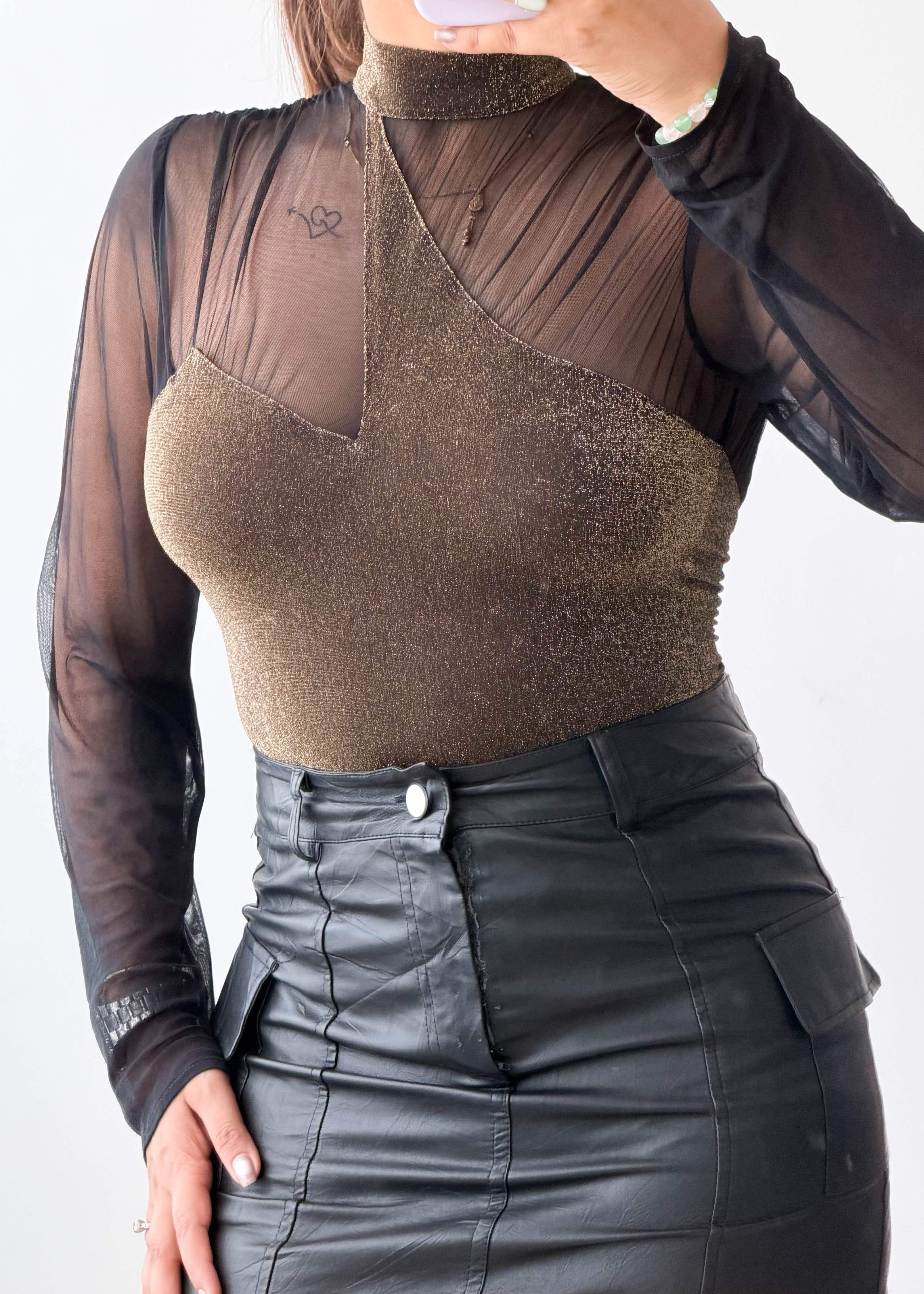 Size L Brown Sheer Layered Bodysuit
