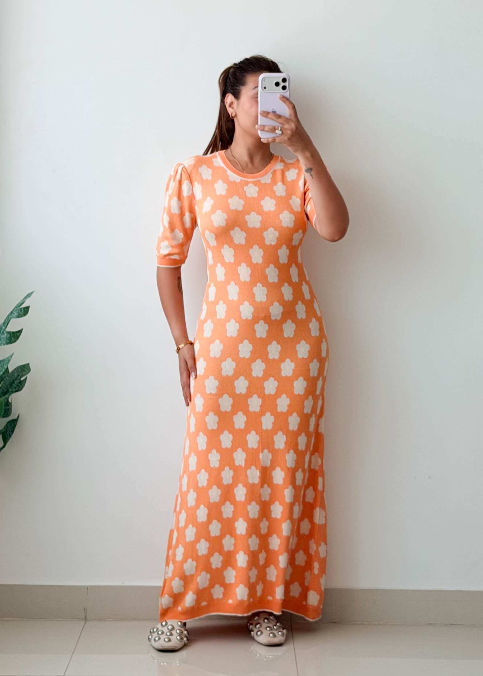 Size M-L Peach Floral Knit Maxi Dress