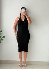 Size XS-M Black Ribbed Button-Front Midi Dress