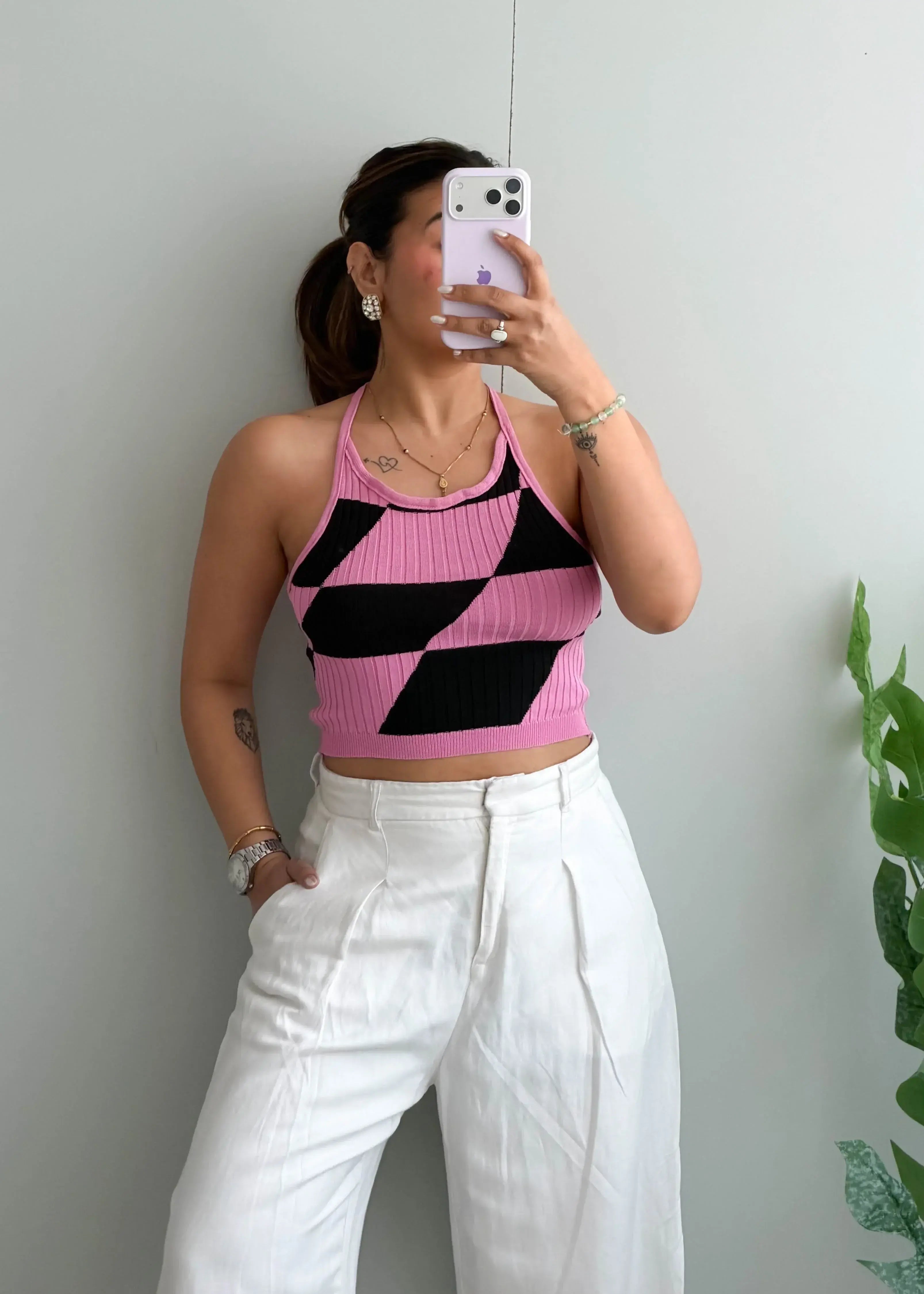 Size S-M, Pink & Black Pattern Crop Top - Closet by Payal